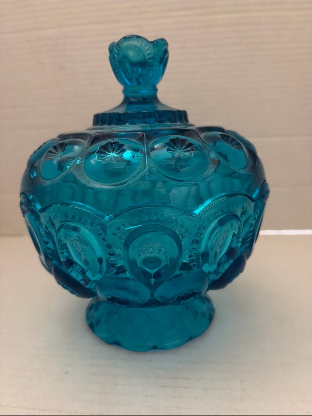 Blue Pressed Glass Covered Candy Dish with Pedestal